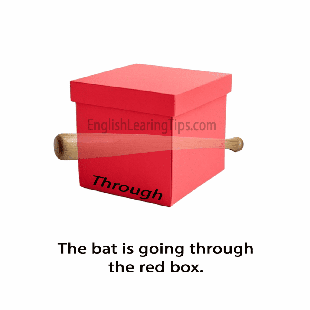 A blue bat passing from one side of a red box to the other, illustrating the preposition "through"