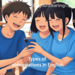 Three young students looking at a smartphone together, learning common English texting abbreviations and social media slang.