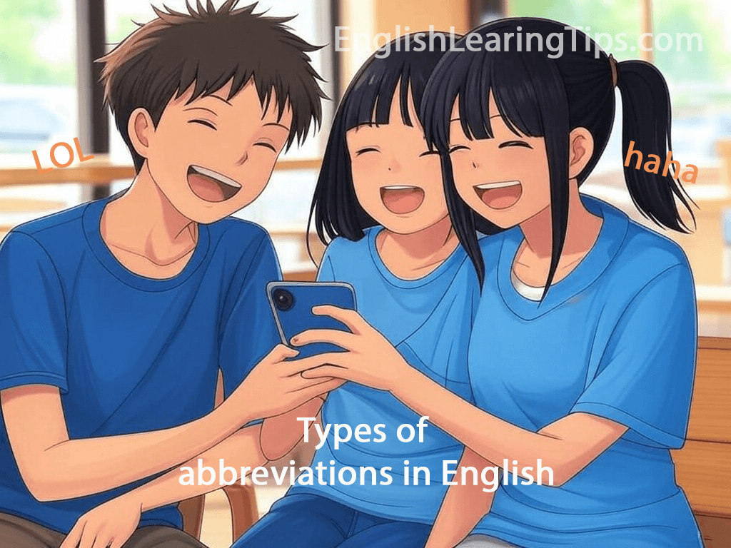 Three young students looking at a smartphone together, learning common English texting abbreviations and social media slang.