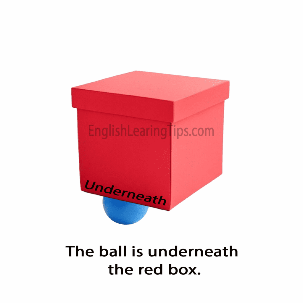 A blue ball positioned directly underneath a red box, emphasizing being covered or hidden, illustrating the preposition "underneath"