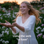 A woman holding out her hands to demonstrate the concept of "to have" or possession in English grammar.