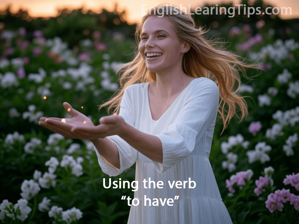 A woman holding out her hands to demonstrate the concept of "to have" or possession in English grammar.