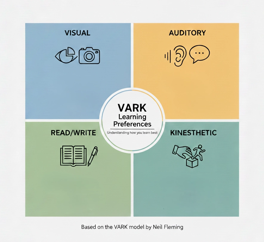 ARK model chart listing examples like Diagrams for Visual, Podcasts for Aural, Lists for Read/Write, and Experiments for Kinesthetic learning.