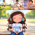 A colorful cartoon collage illustrating various action verbs like kicking, listening, and dribbling to demonstrate English verb tenses.
