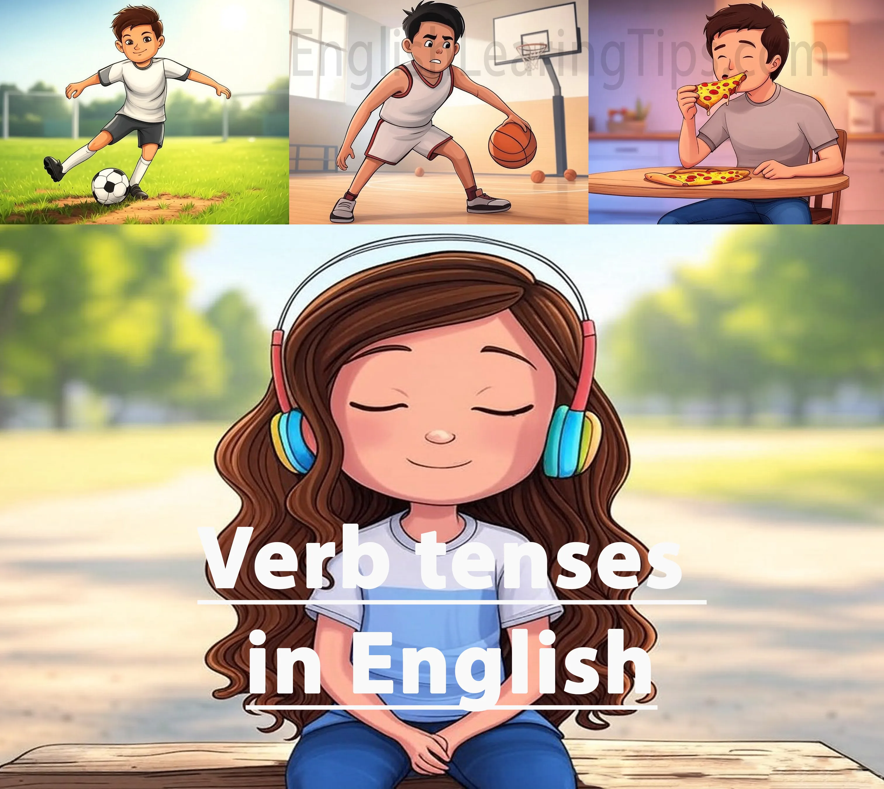 A colorful cartoon collage illustrating various action verbs like kicking, listening, and dribbling to demonstrate English verb tenses.