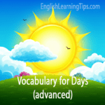 Illustration of a bright sun over a green hill with text "Vocabulary for Days (advanced)" for English learners.