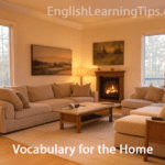 Modern living room showing essential home vocabulary like sofa, cushions, and wall art decorations.