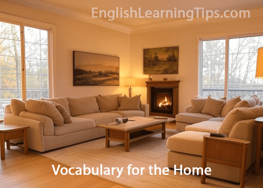 Modern living room showing essential home vocabulary like sofa, cushions, and wall art decorations.