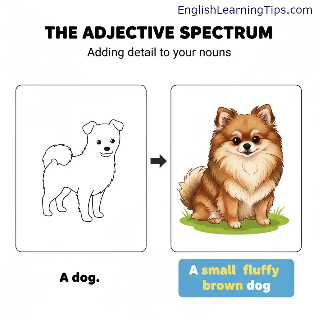 A split-screen graphic titled "The Adjective Spectrum" showing a simple line drawing of a dog compared to a detailed illustration of a small, fluffy, brown dog to demonstrate how adjectives modify nouns.