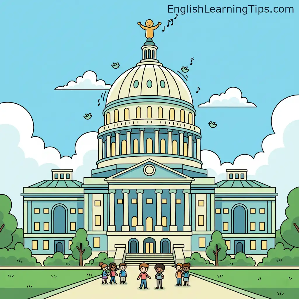 A colorful cartoon illustration of a capitol building with a prominent round dome and small figures standing in front, used to represent the word capitol.