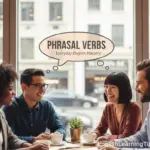 A group of people practicing English phrasal verbs in a casual conversation setting.