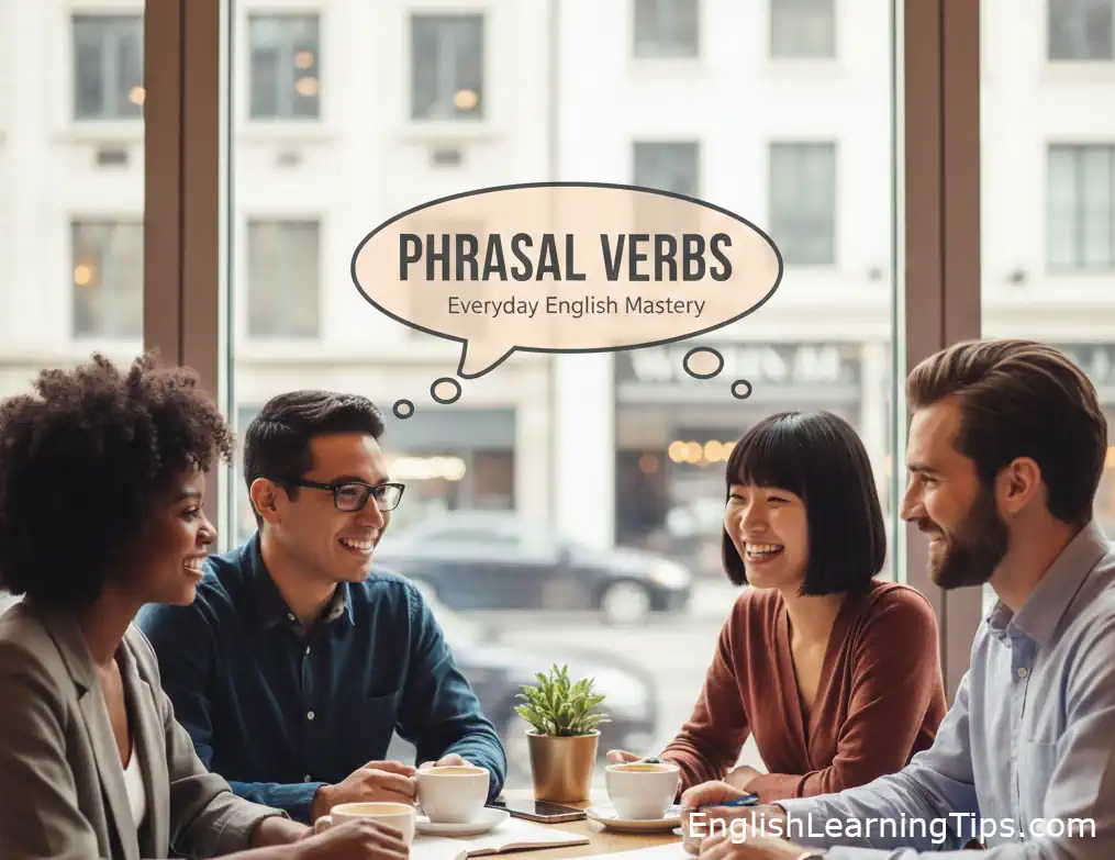 A group of people practicing English phrasal verbs in a casual conversation setting.
