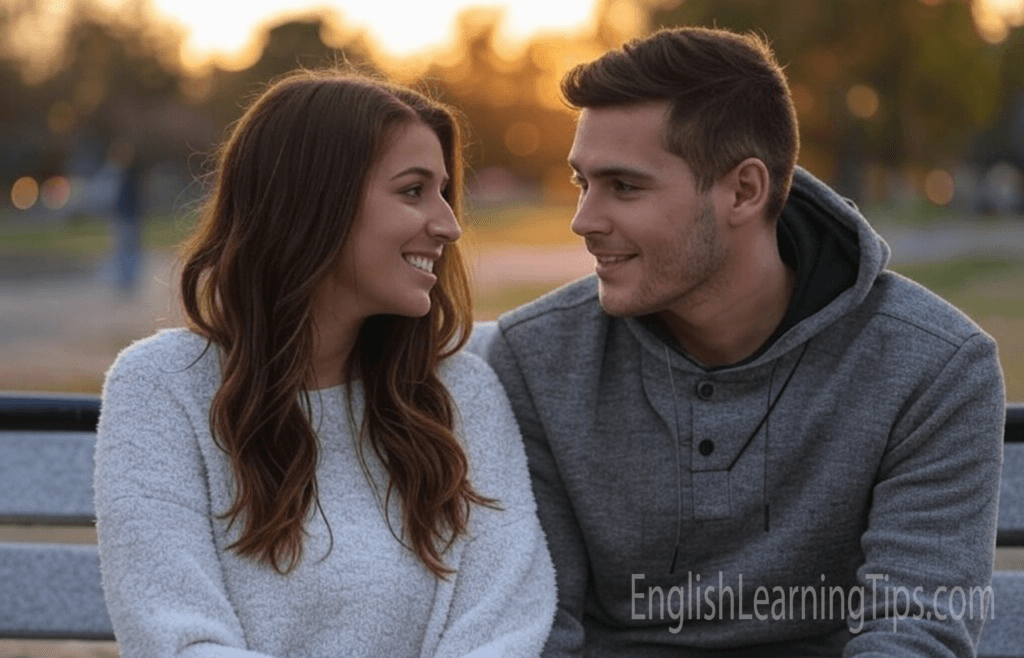 A happy young couple sitting together on a wooden park bench, illustrating relationship phrasal verbs like 'get along' and 'go out'.