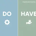 A split-screen educational graphic comparing the English verbs 'Do' and 'Have'. The 'Do' side features a gear icon representing action/auxiliary function, and the 'Have' side features a hand-holding-an-object icon representing possession.