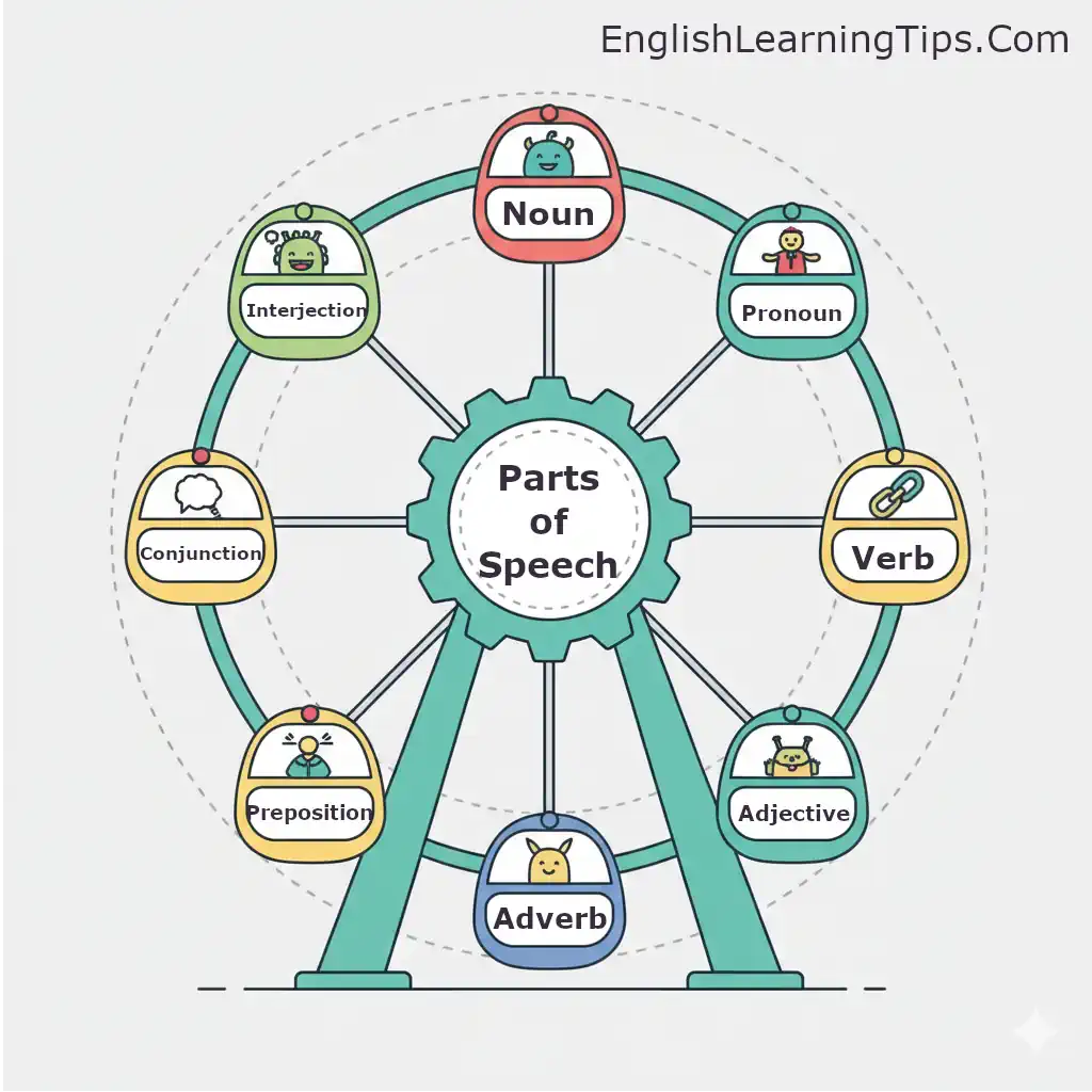 A cartoonized Ferris wheel graphic with eight empty baskets designed to represent the eight parts of speech in English grammar