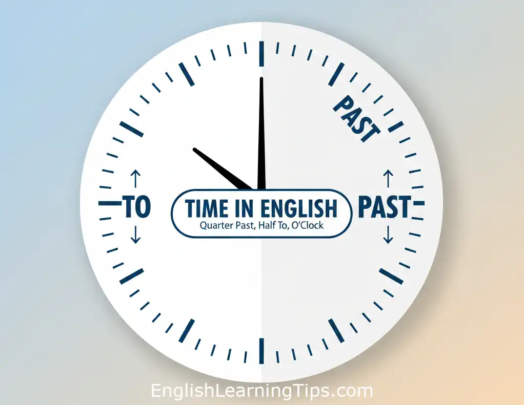 Diagram of an analog clock face showing the right side as Past and the left side as To for telling time in English.