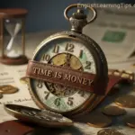 A vintage gold pocket watch and hourglass surrounded by gold coins on a newspaper, illustrating the English idiom 'Time is Money.'