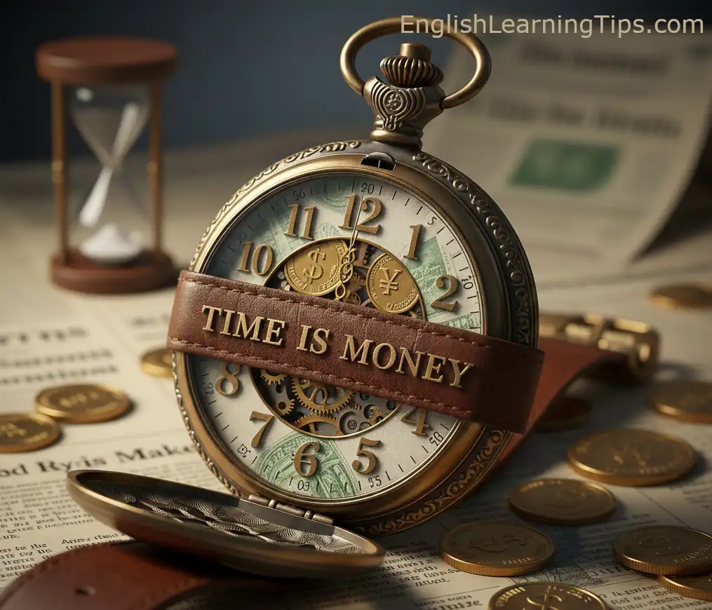 A vintage gold pocket watch and hourglass surrounded by gold coins on a newspaper, illustrating the English idiom 'Time is Money.'