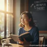 A woman studying English phrasal verbs for emotions in a cafe with a blackboard explaining conceptual metaphor theory.