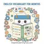 A cartoon calendar character holding a book with month names like January and February on one page and business acronyms like EOM, BOM, and Q3 on the other.