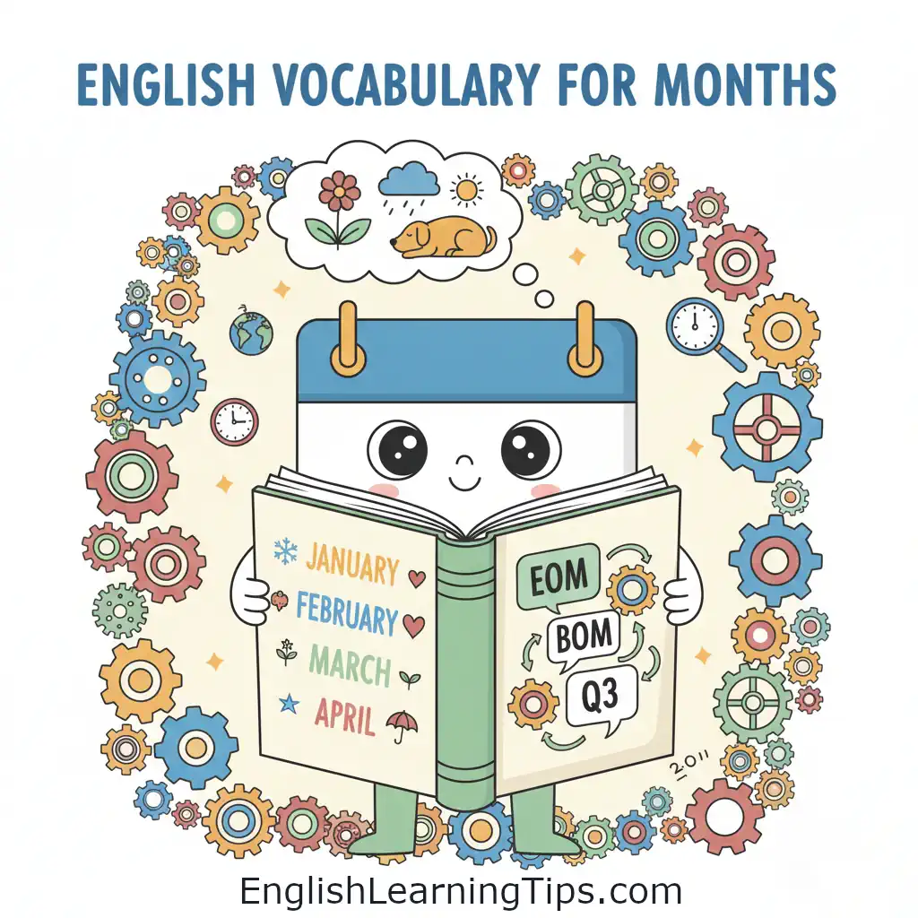 A cartoon calendar character holding a book with month names like January and February on one page and business acronyms like EOM, BOM, and Q3 on the other.