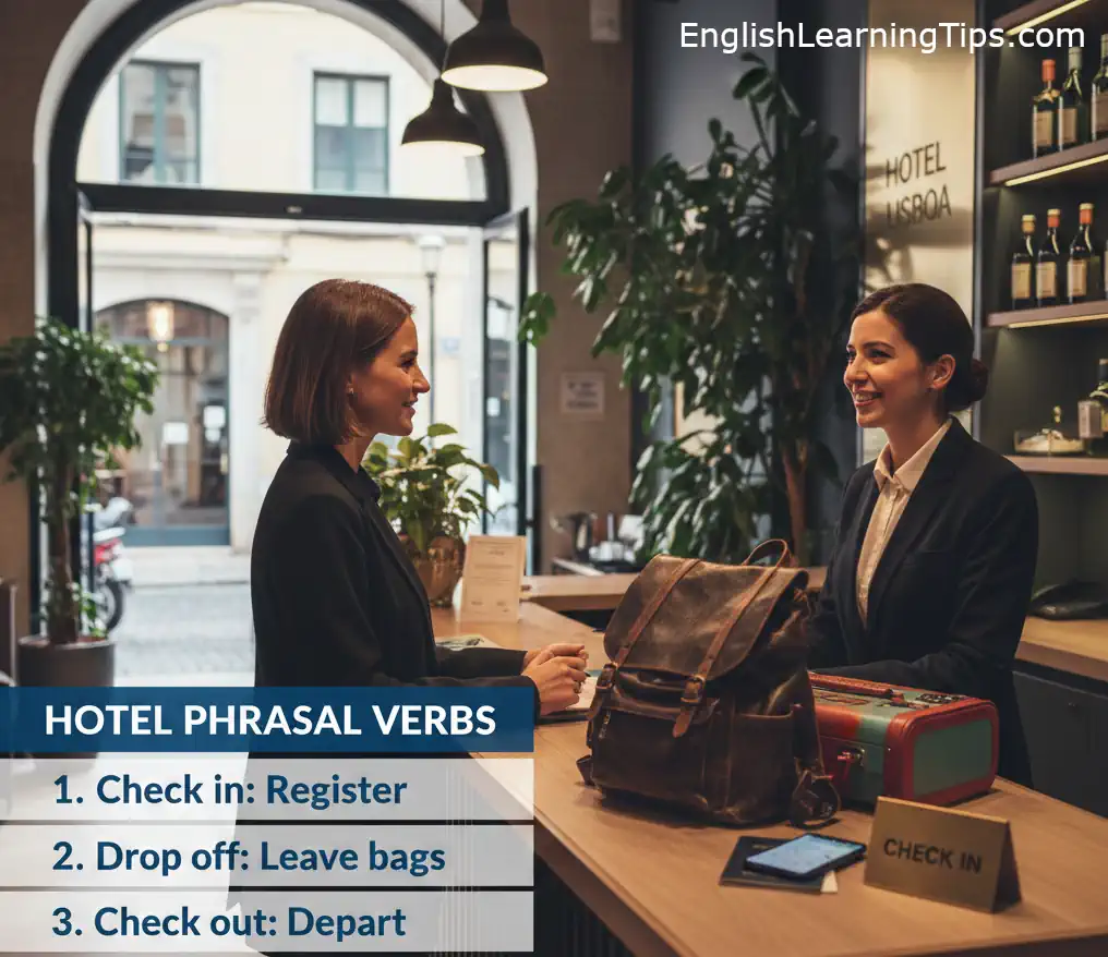 A traveler at a hotel reception desk with a graphic overlay listing phrasal verbs: check in, drop off, and check out.