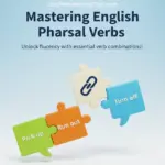 3D colorful puzzle pieces shaped like speech bubbles containing English phrasal verbs "Pick up," "Run out," and "Turn off" connecting together on a clean blue background.