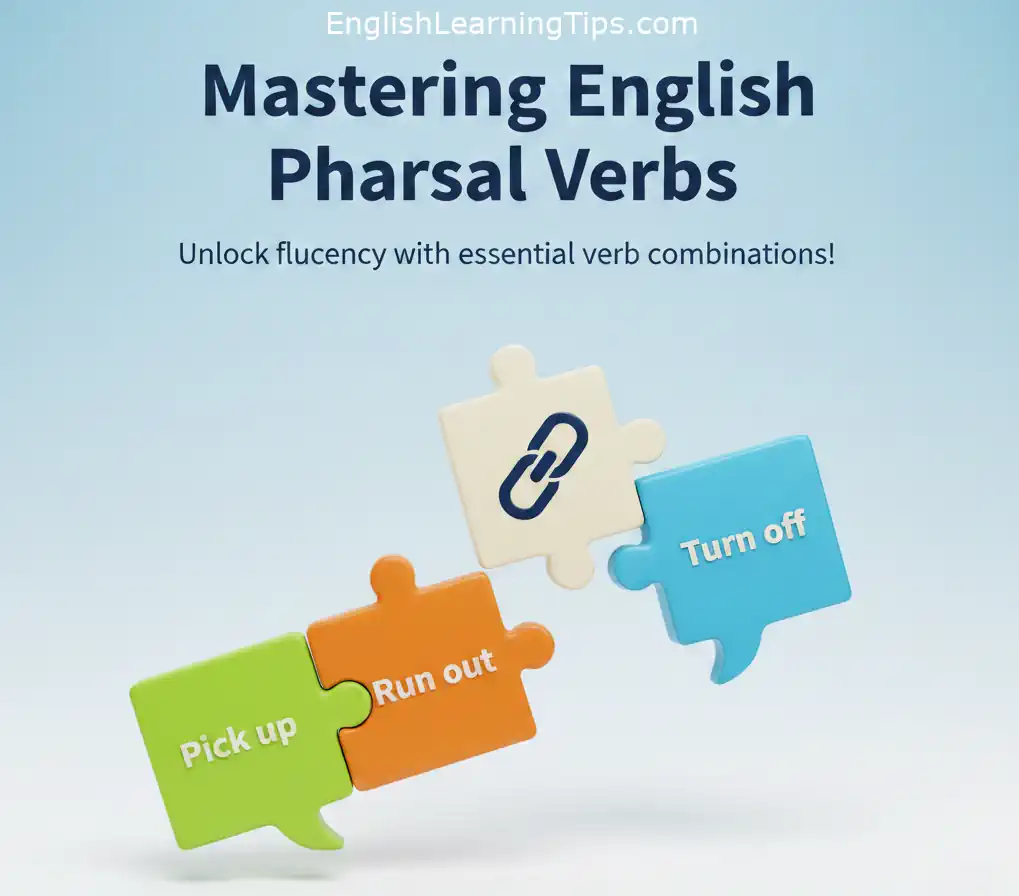 3D colorful puzzle pieces shaped like speech bubbles containing English phrasal verbs "Pick up," "Run out," and "Turn off" connecting together on a clean blue background.