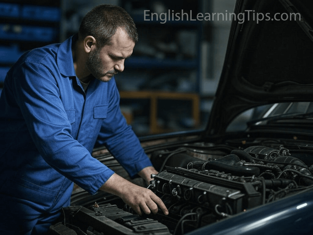 A mechanic using tools to grease up and repair a car engine in a professional garage.