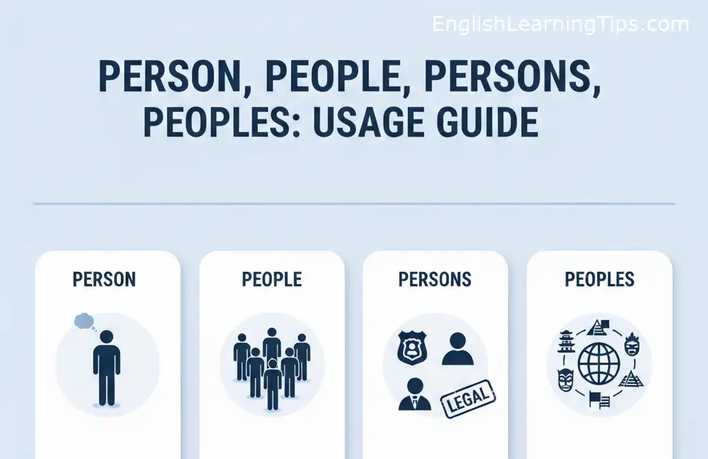 Infographic comparing the grammar usage of person, people, persons, and peoples with definitions and examples.