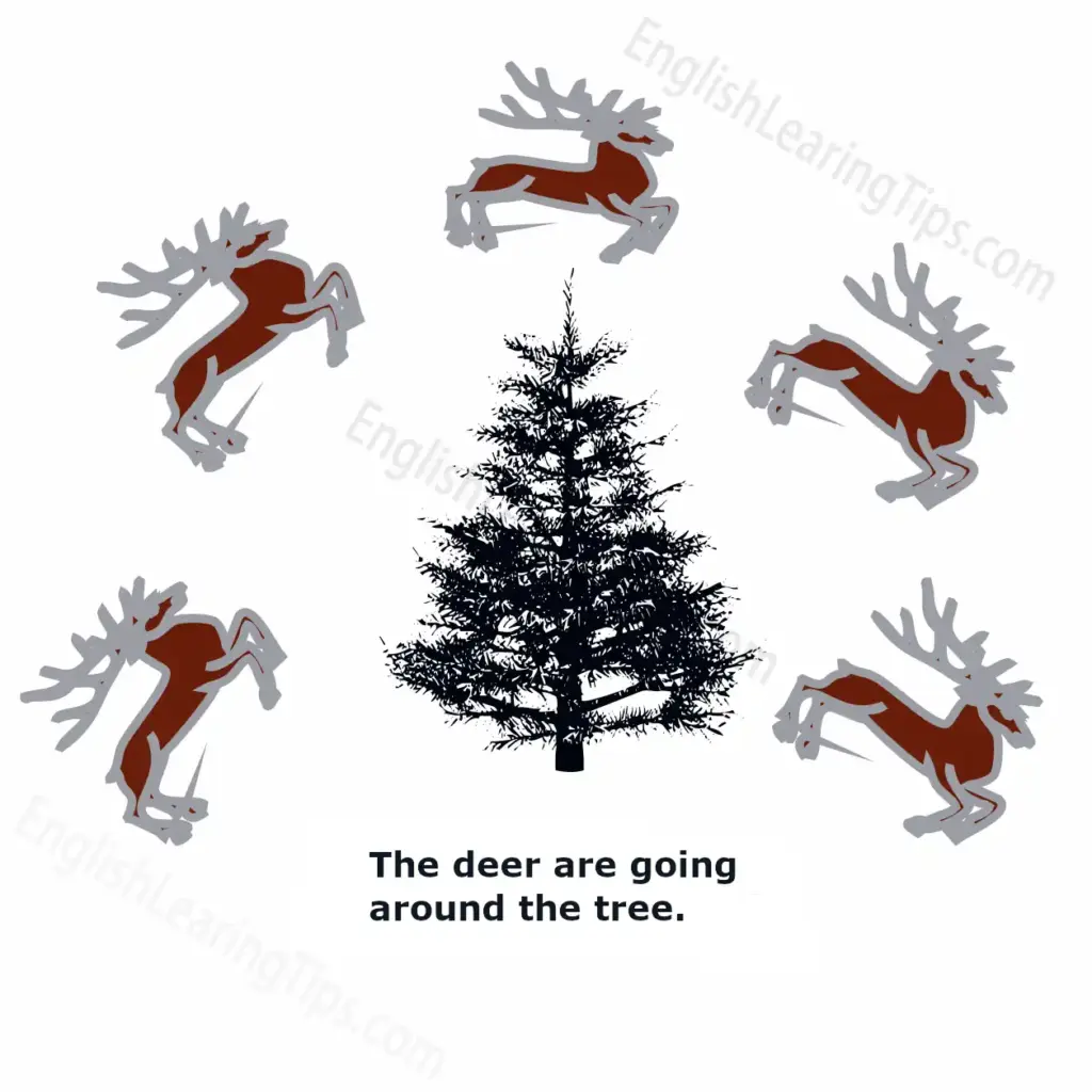 A cartoon showing several deer moving in a circular path around a pine tree, with the text: "The deer are going around the tree."