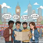 A cartoon illustration of four people in a city looking at a map, with speech bubbles showing prepositions of movement like "at," "past," "through," and "on."