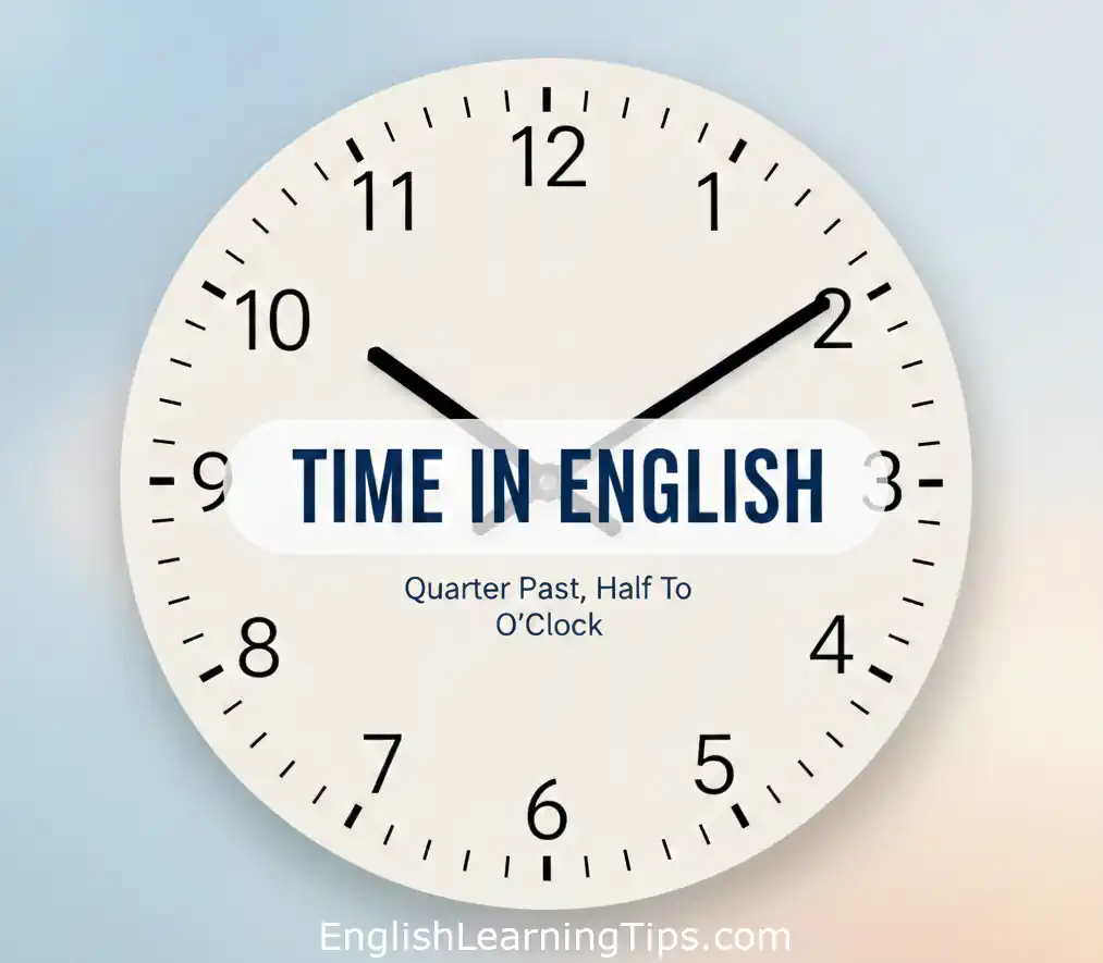 Analog clock showing 10:10 with text overlay: Time in English - Quarter Past, Half Past, O’Clock.