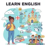 A cartoon illustration showing a student on a roadmap path toward an English castle, featuring icons for digital immersion, vocabulary flashcards, and students.