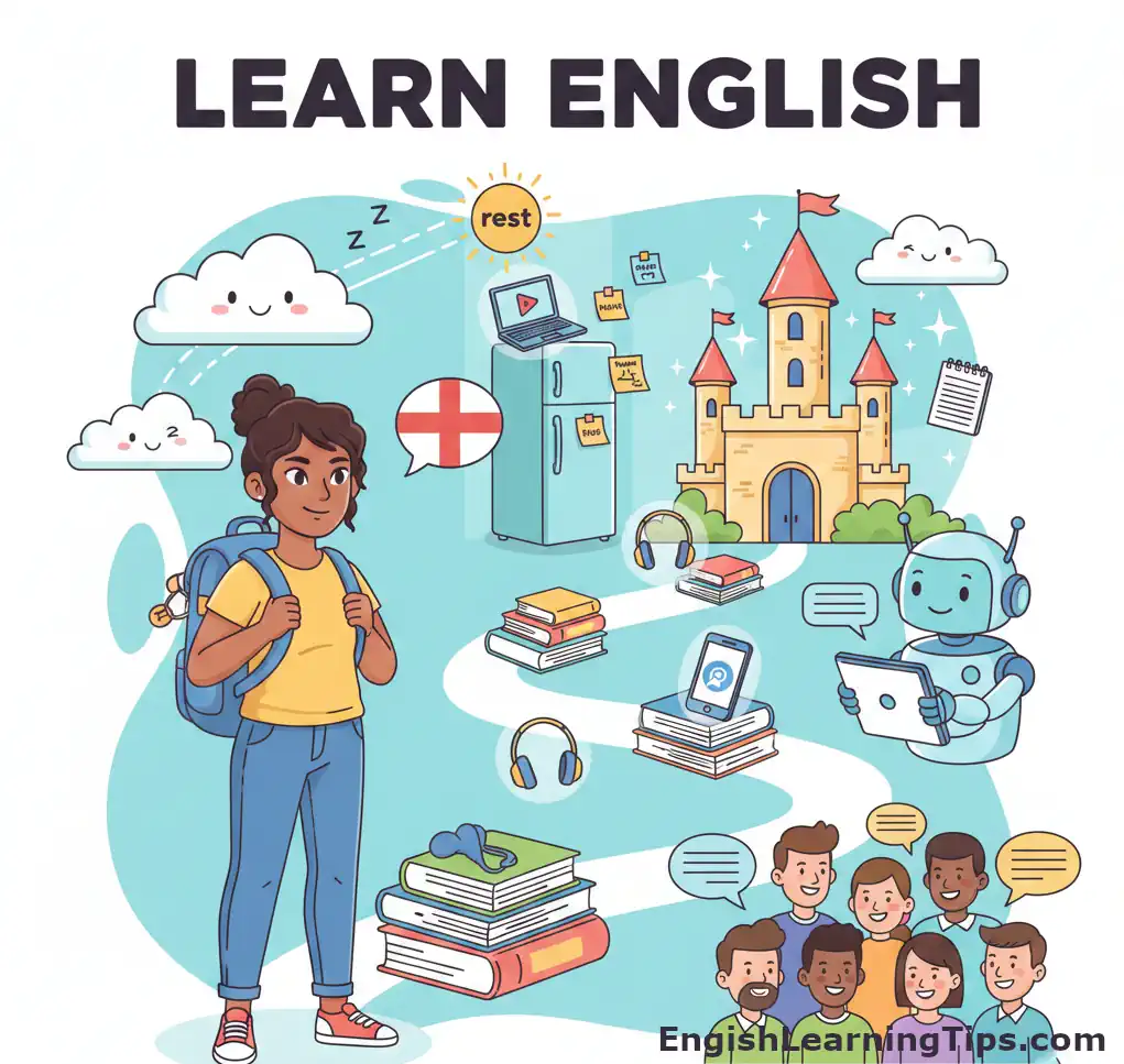 A cartoon illustration showing a student on a roadmap path toward an English castle, featuring icons for digital immersion, vocabulary flashcards, and students.