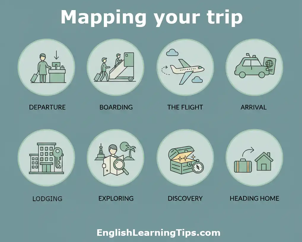 A set of 8 flat-line travel icons in circles representing departure, boarding, flight, arrival, lodging, exploring, discovery, and returning home.