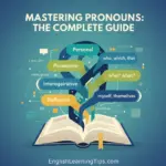 An educational infographic showing different types of pronouns including personal, possessive, interrogative, and reflexive pronouns emerging from an open book.