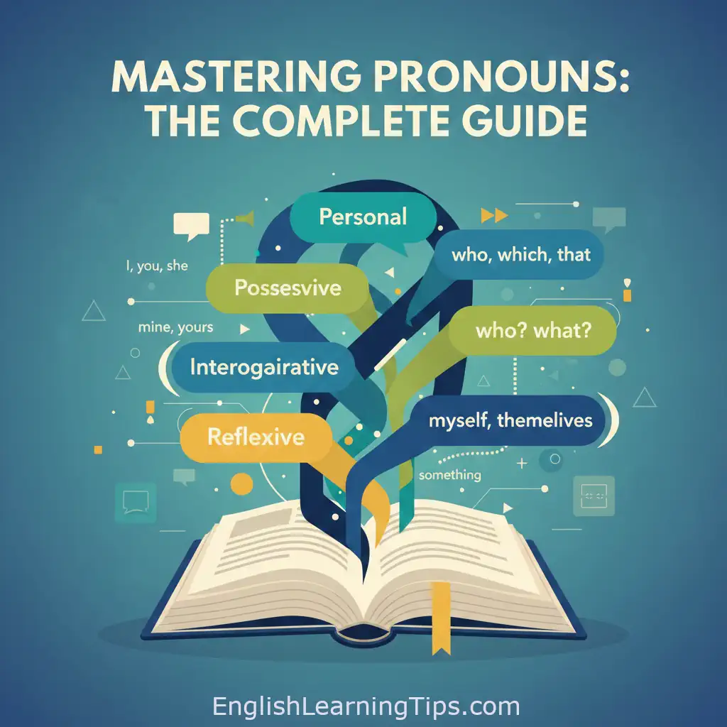 An educational infographic showing different types of pronouns including personal, possessive, interrogative, and reflexive pronouns emerging from an open book.