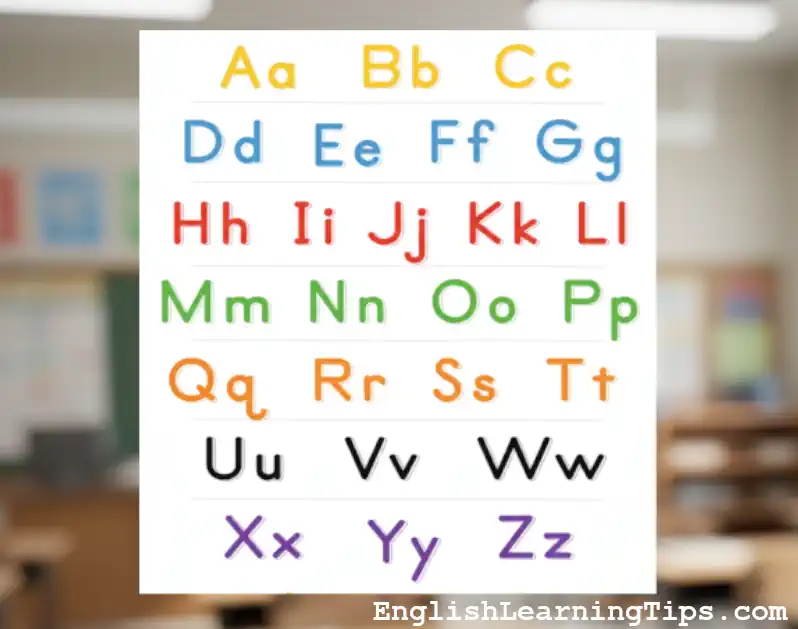 A colorful English alphabet chart showing uppercase and lowercase letter pairs from Aa to Zz in a classroom setting.