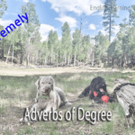 Two dogs resting in a sunny forest clearing with the text Adverbs of Degree and the word extremely.