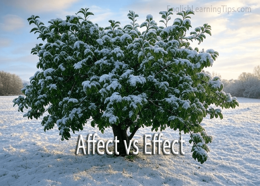 A green leafy tree covered in snow in a winter field with the text overlay "Affect vs Effect."