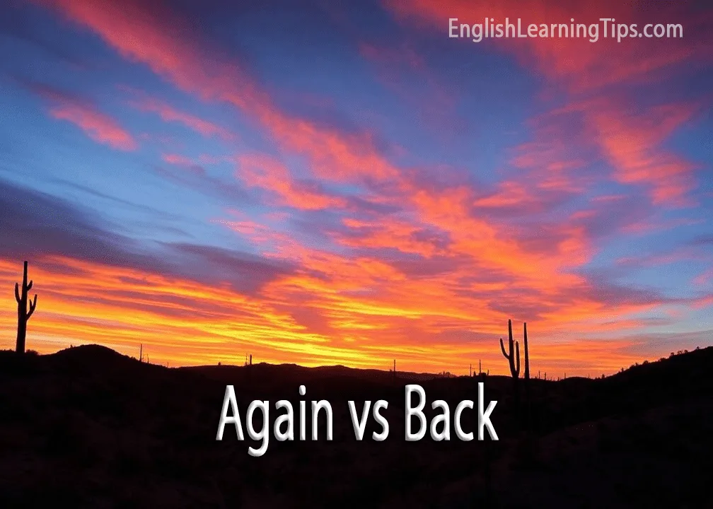 A desert sunset with saguaro cacti featuring the text Again vs Back to illustrate the difference between the two adverbs.