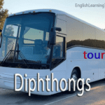 A white tour bus with the word "tour" highlighted to demonstrate the English diphthong sound.