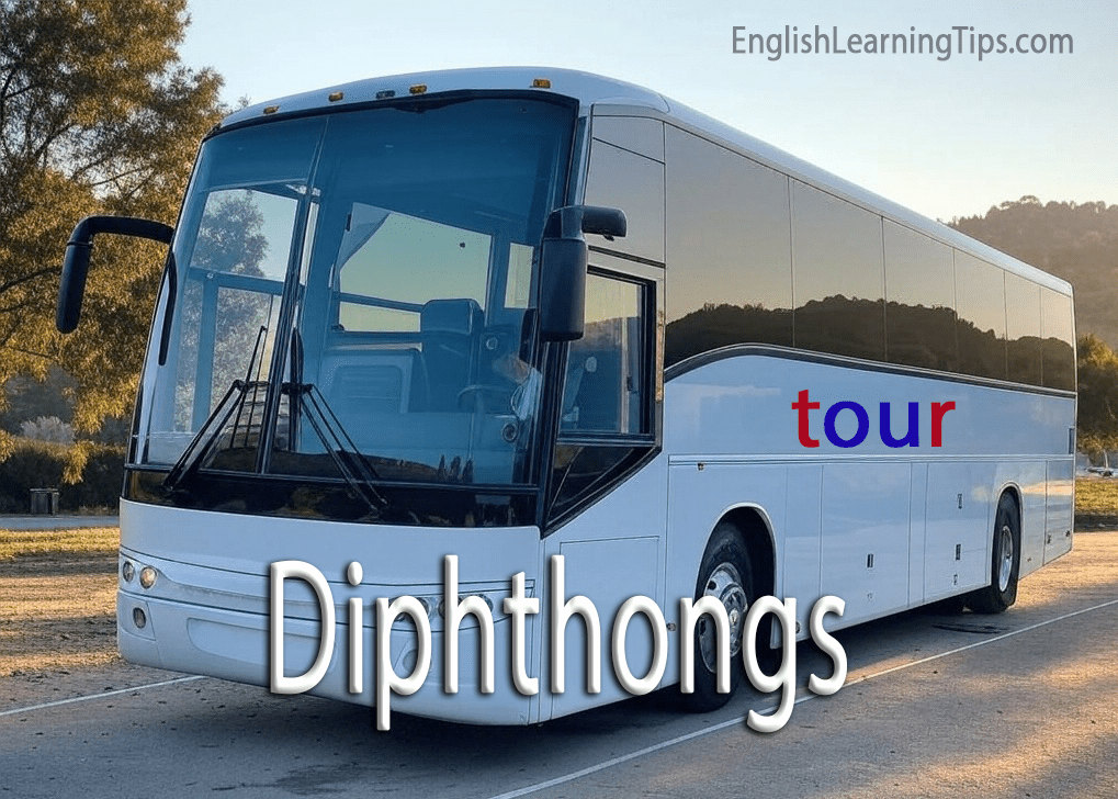 A white tour bus with the word "tour" highlighted to demonstrate the English diphthong sound.
