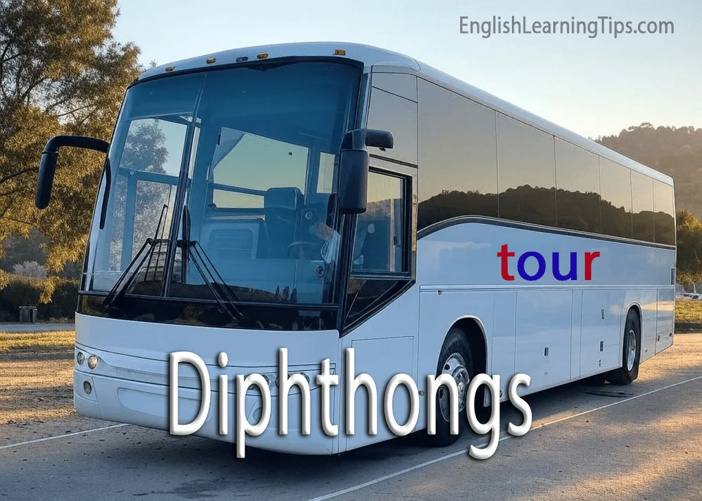 A white tour bus with the word "tour" highlighted to demonstrate the English diphthong sound.