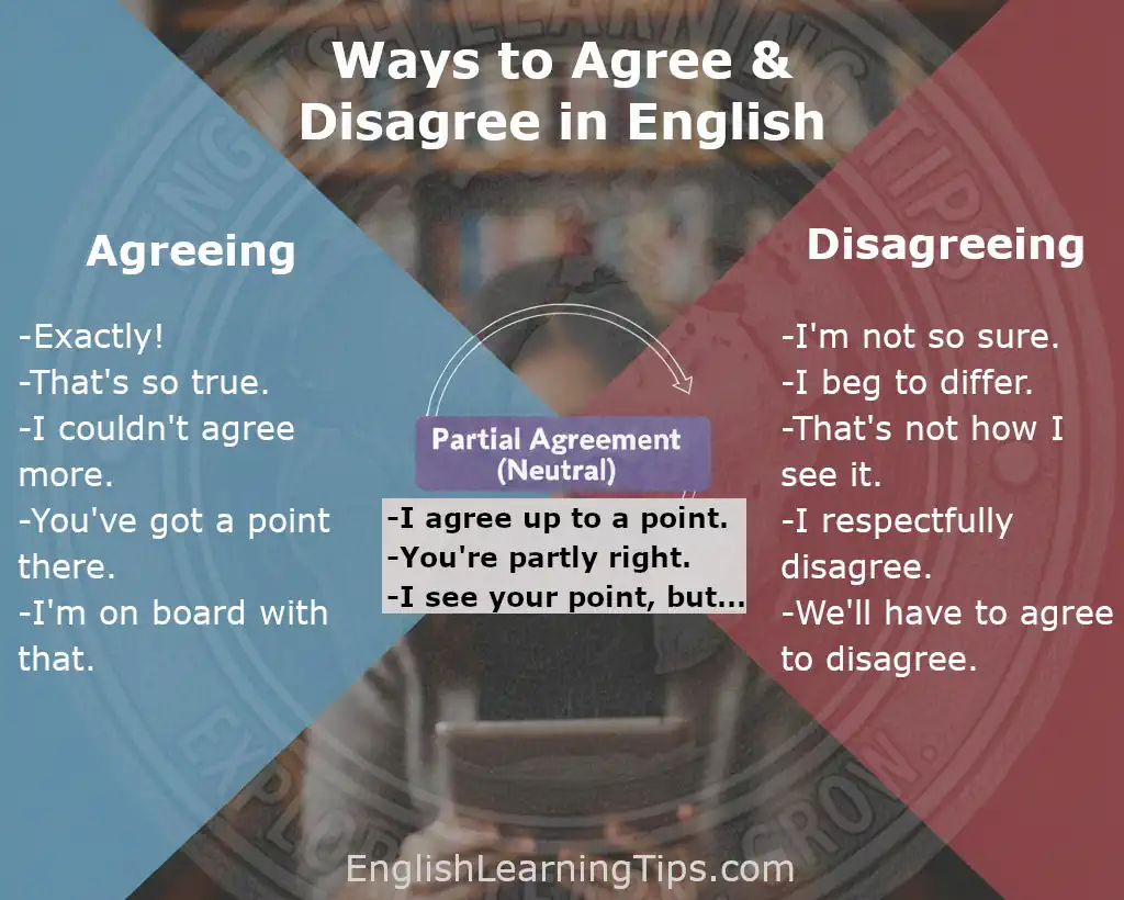 A conversational diagram with sections for agreeing, disagreeing, and partial agreement phrases to help ESL learners.