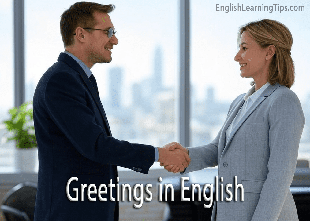 A man and woman in business suits smiling and shaking hands in an office, illustrating formal English greetings.