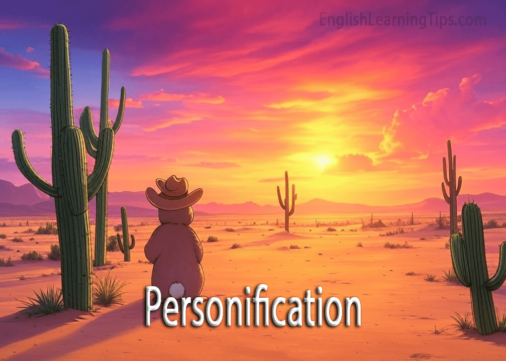 An illustration of a rabbit wearing a cowboy hat in a desert setting as an example of personification and anthropomorphism.