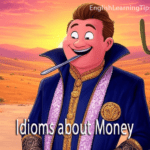 A cartoon man in royal blue clothing standing in a desert with a silver spoon in his mouth, illustrating the idiom about being born into wealth.