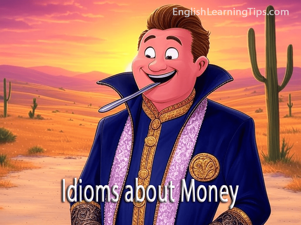 A cartoon man in royal blue clothing standing in a desert with a silver spoon in his mouth, illustrating the idiom about being born into wealth.